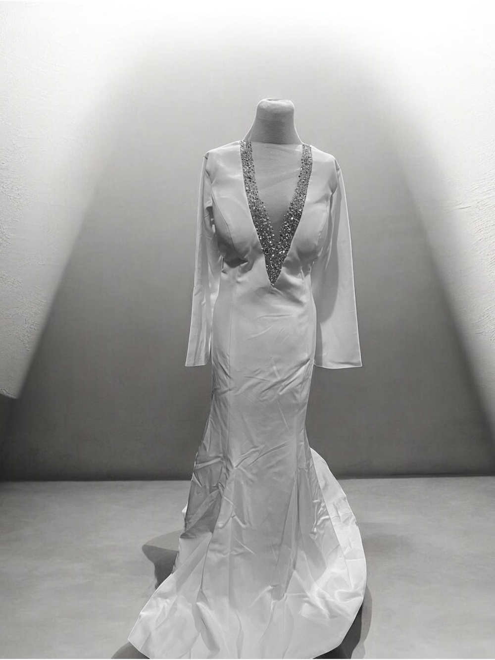 Beaded Deep-V White Long-Sleeve Wedding Gown